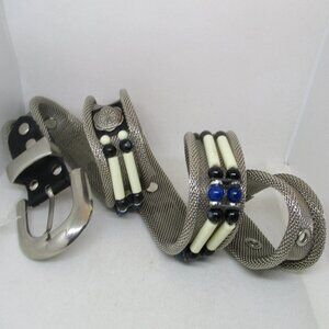 Silver Tone Metal Mesh Belt W. Faux Bone Beads Faux Black Onyx Beads Faux Lapis